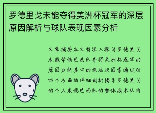 罗德里戈未能夺得美洲杯冠军的深层原因解析与球队表现因素分析 罗德里戈未能夺得美洲杯冠军的深层原因解析与球队表现因素分析