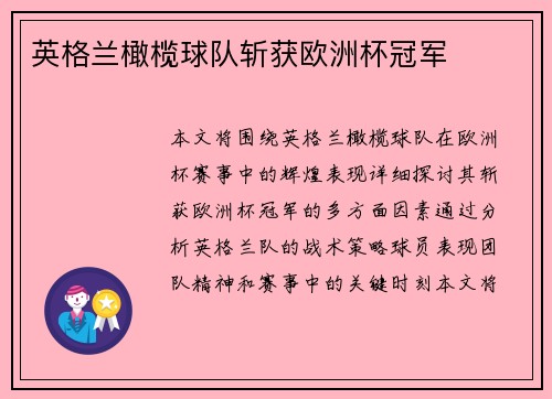 英格兰橄榄球队斩获欧洲杯冠军 英格兰橄榄球队斩获欧洲杯冠军