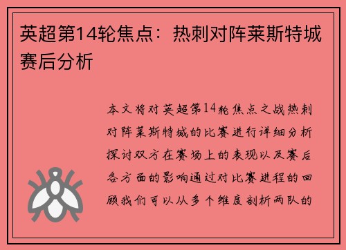英超第14轮焦点:热刺对阵莱斯特城赛后分析 英超第14轮焦点:热刺对阵莱斯特城赛后分析