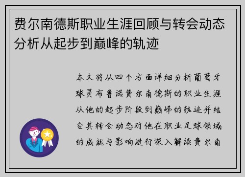 费尔南德斯职业生涯回顾与转会动态分析从起步到巅峰的轨迹 费尔南德斯职业生涯回顾与转会动态分析从起步到巅峰的轨迹