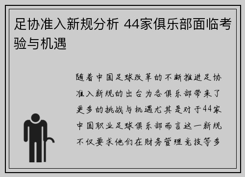 足协准入新规分析 44家俱乐部面临考验与机遇